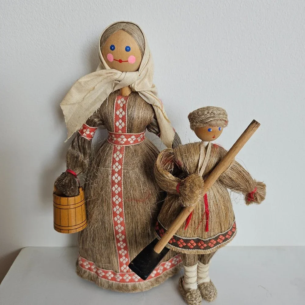 Vintage Russian folk art horse hair dolls, lot of 2